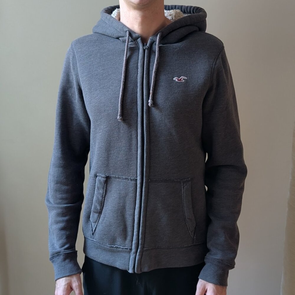 Hollister Men's Full Zip Hoodie - Gray Jersey Fleece Lined Sweatshirt - Size M